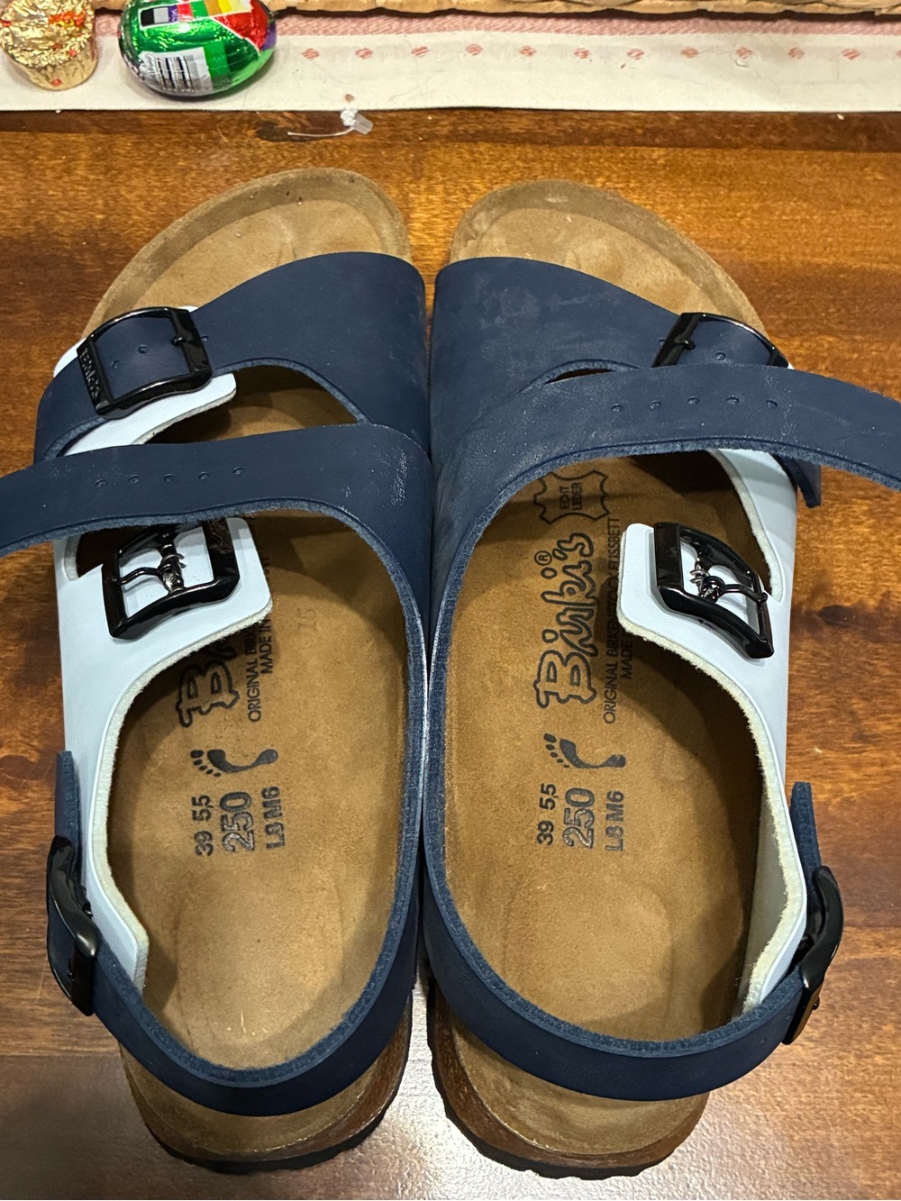 Birkenstock Navy and White Two-Strap Buckle Sandals